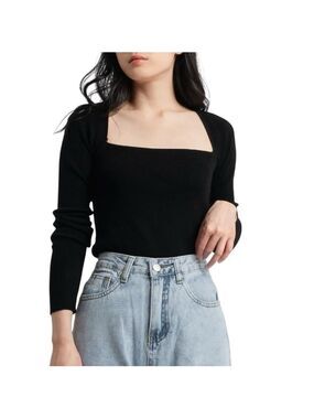 Emory Park Ribbed Knit Square Neck Stretch Long Sleeve Fine Knit Sweater